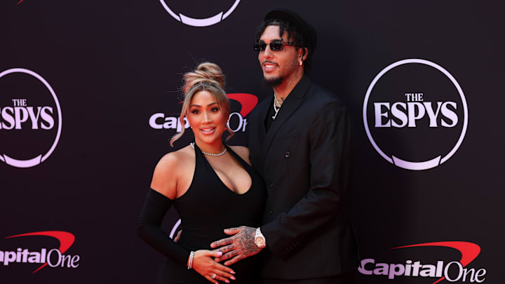 Jul 11, 2024; Los Angeles, CA, USA; Nikki Mudarris and LiAngelo Ball arrive on the red carpet before the 2024 ESPYS at Dolby Theatre. Mandatory Credit: Kiyoshi Mio-Imagn Images