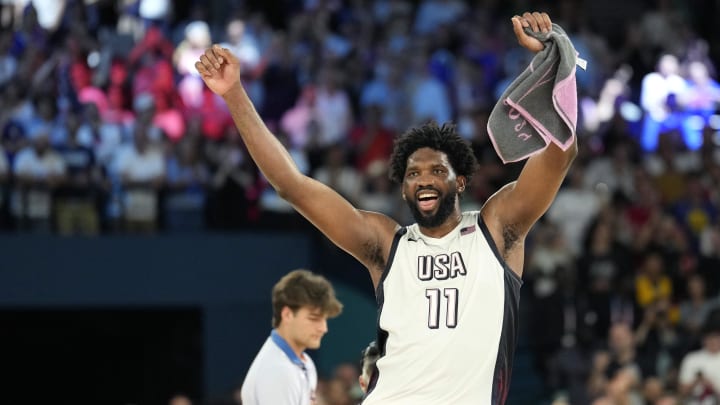 Aug 8, 2024; Paris, France; United States centre Joel Embiid (11) celebrates after the game against Serbia in a men's basketball semifinal game during the Paris 2024 Olympic Summer Games at Accor Arena. Mandatory Credit: Kyle Terada-USA TODAY Sports