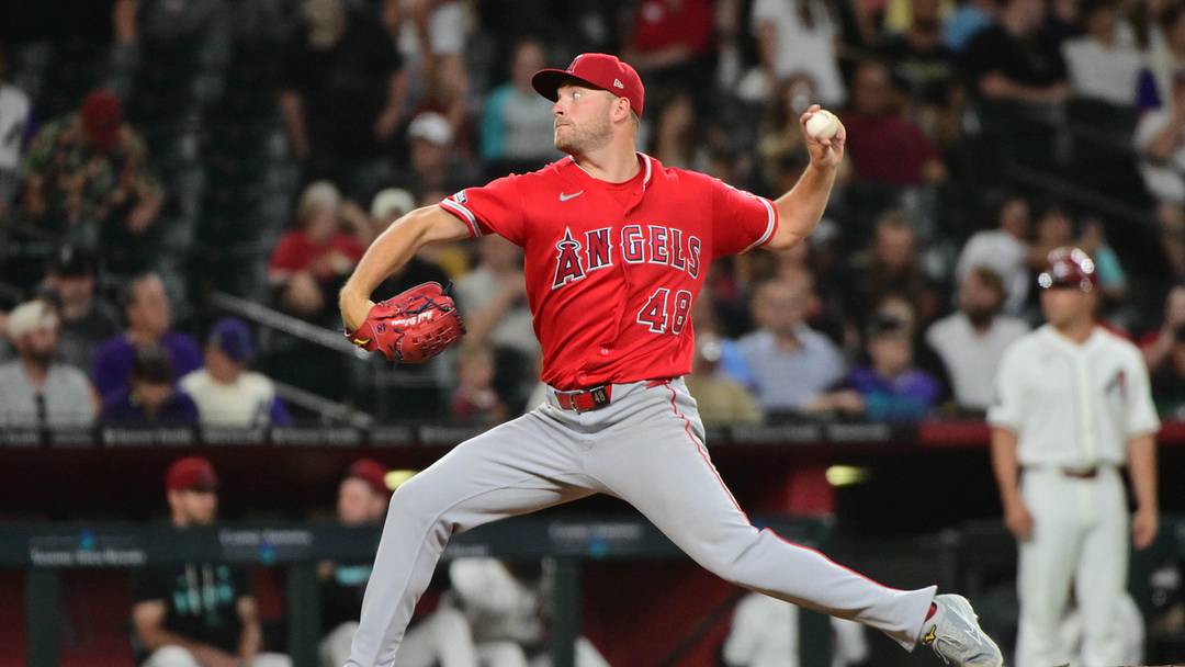 Jun 16, 2026; Phoenix, Arizona, USA;  Los Angeles Angels pitcher Reid Detmers (48) throws in the seventh inning against the Arizona Diamondbacks at Chase Field. Mandatory Credit: Matt Kartozian-Imagn Images