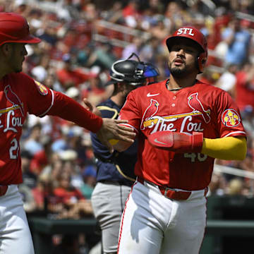 Sep 8, 2024; St. Louis, Missouri, USA; St. Louis Cardinals third baseman Nolan Arenado (28) celebrates with catcher Ivan Herrera (48) after scoring on a single from second baseman Jose Fermin (not pictured) during the second inning of a baseball game against the Seattle Mariners at Busch Stadium. Mandatory Credit: Jeff Le-Imagn Images