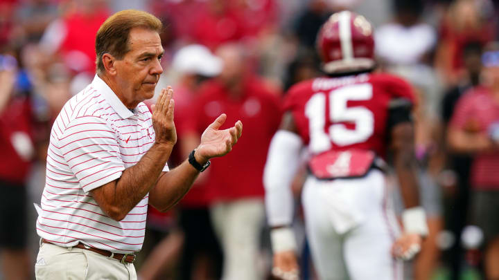 Sep 9, 2023; Tuscaloosa, Alabama, USA; Alabama Crimson Tide head coach Nick Saban cheers on his players before their game against the Texas Longhorns at Bryant-Denny Stadium. Mandatory Credit: John David Mercer-USA TODAY Sports