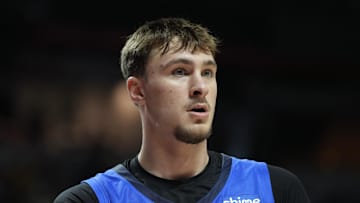 Jul 12, 2025; Las Vegas, NV, USA; Dallas Mavericks forward Cooper Flagg (32) looks on against the San Antonio Spurs in the second quarter of their game at Thomas & Mack Center. Mandatory Credit: Candice Ward-Imagn Images