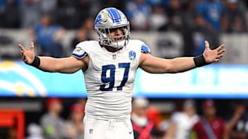 Nov 12, 2023; Inglewood, California, USA; Detroit Lions defensive end Aidan Hutchinson (97) reacts during the second half against the Los Angeles Chargers at SoFi Stadium. Mandatory Credit: Orlando Ramirez-Imagn Images