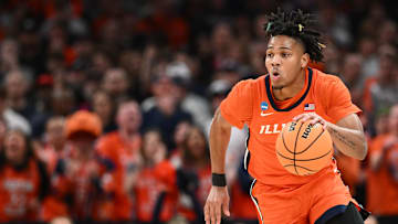 Mar 30, 2024; Boston, MA, USA; Illinois Fighting Illini guard Terrence Shannon Jr. (0) dribbles the ball against the Connecticut Huskies in the finals of the East Regional of the 2024 NCAA Tournament at TD Garden. Mandatory Credit: Brian Fluharty-Imagn Images