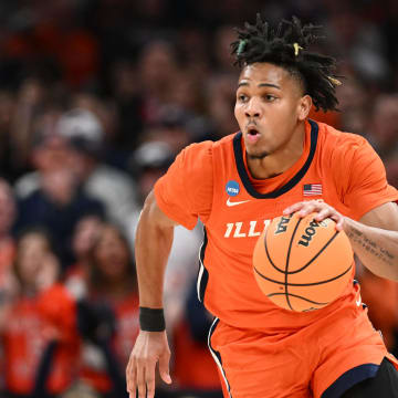 Mar 30, 2024; Boston, MA, USA; Illinois Fighting Illini guard Terrence Shannon Jr. (0) dribbles the ball against the Connecticut Huskies in the finals of the East Regional of the 2024 NCAA Tournament at TD Garden. Mandatory Credit: Brian Fluharty-USA TODAY Sports