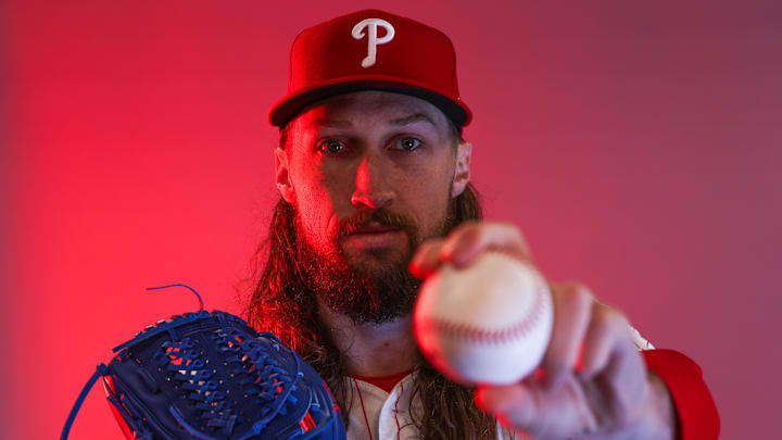 Philadelphia Phillies pitcher Matt Strahm (25) participates in media day at BayCare Ballpark. 