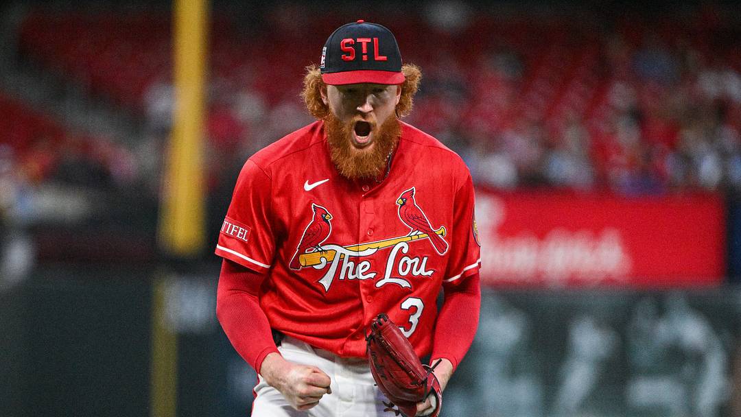 Jul 24, 2026; St. Louis, Missouri, USA; St. Louis Cardinals starting pitcher Dustin May (3) reacts after the fourth inning against the Cincinnati Reds at Busch Stadium. Mandatory Credit: Jeff Curry-Imagn Images