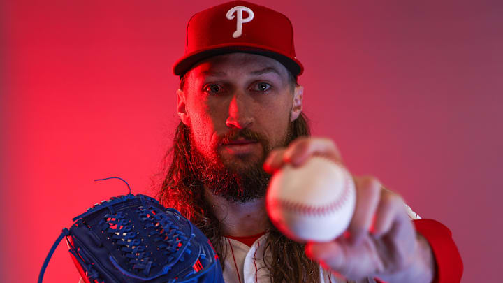 Philadelphia Phillies pitcher Matt Strahm (25) participates in media day at BayCare Ballpark.