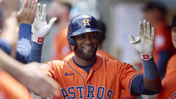 Jul 21, 2024; Seattle, Washington, USA; Houston Astros designated hitter Yordan Alvarez (44) celebrates a solo home run against the Seattle Mariners during the fourth inning at T-Mobile Park. Mandatory Credit: John Froschauer-USA TODAY Sports