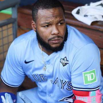 Oct 29, 2025; Los Angeles, California, USA; Toronto Blue Jays first baseman Vladimir Guerrero Jr. (27) looks on before the game against the Los Angeles Dodgers during game five of the 2025 MLB World Series at Dodger Stadium. 