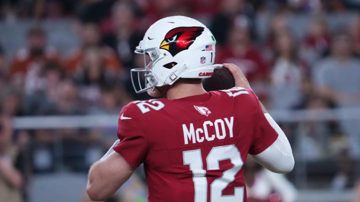 Aug 11, 2023; Glendale, Arizona, USA; Arizona Cardinals quarterback Colt McCoy (12) throws a pass against the Denver Broncos during the first half at State Farm Stadium. Mandatory Credit: Joe Camporeale-USA TODAY Sports