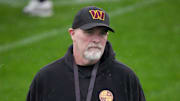 Nov 13, 2025; Madrid, Spain; Washington Commanders head coach Dan Quinn during practice at Ciudad Deportiva del Real Madrid. Mandatory Credit: Kirby Lee-Imagn Images