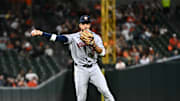 Aug 21, 2025; Baltimore, Maryland, USA;  Houston Astros shortstop Jeremy Peña (3) throws to first base during the fifth inning against the Baltimore Orioles at Oriole Park at Camden Yards. 