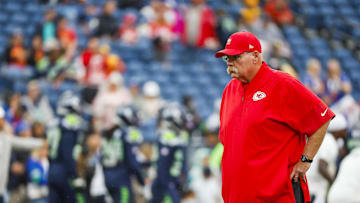 Aug 15, 2025; Seattle, Washington, USA; Kansas City Chiefs head coach Andy Reid watches pregame warmups against the Seattle Seahawks at Lumen Field. Mandatory Credit: Joe Nicholson-Imagn Images