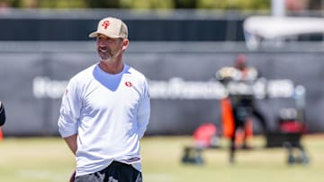 May 10, 2024; Santa Clara, CA, USA; San Francisco 49ers head coach Kyle Shanahan watches during the 49ers rookie minicamp at Levi’s Stadium in Santa Clara, CA. Mandatory Credit: Robert Kupbens-Imagn Images