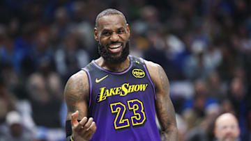 Jan 7, 2025; Dallas, Texas, USA;  Los Angeles Lakers forward LeBron James (23) laughs during the first half against the Dallas Mavericks at American Airlines Center. Mandatory Credit: Kevin Jairaj-Imagn Images