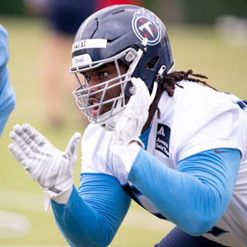 Tennessee Titans second-rounder T'Vondre Sweat participates in rookie minicamp at Ascension Saint Thomas Sports Park in Nashville, Tenn., Friday, May 10, 2024.