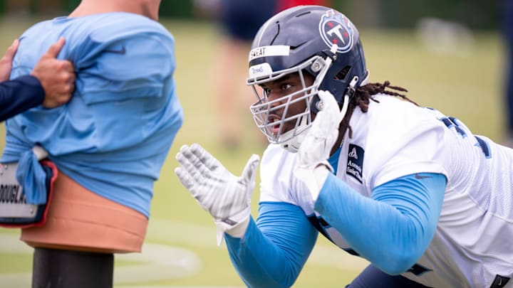 Tennessee Titans second-rounder T'Vondre Sweat participates in rookie minicamp at Ascension Saint Thomas Sports Park in Nashville, Tenn., Friday, May 10, 2024.