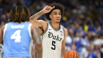 Feb 1, 2025; Durham, North Carolina, USA;  Duke Blue Devils guard Tyrese Proctor (5) calls during the second half against the North Carolina Tar Heels at Cameron Indoor Stadium. Mandatory Credit: Zachary Taft-Imagn Images