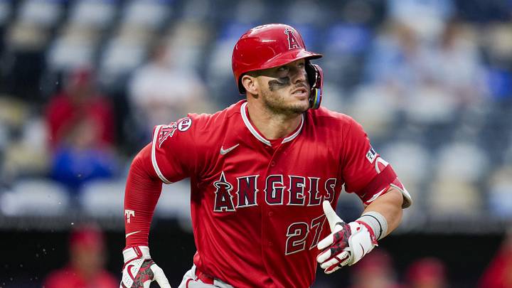 Apr 26, 2026; Kansas City, Missouri, USA; Los Angeles Angels right fielder Mike Trout (27) runs toward first base during the fourth inning against the Kansas City Royals at Kauffman Stadium. Mandatory Credit: Jay Biggerstaff-Imagn Images