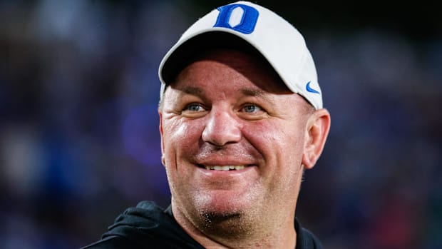 Sep 30, 2023; Durham, North Carolina, USA; Duke Blue Devils head coach Mike Elko smiles just before