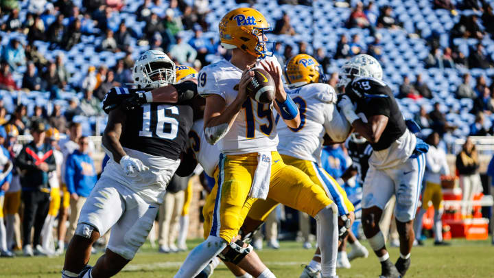 Nov 25, 2023; Durham, North Carolina, USA; Pittsburgh Panthers quarterback Nate Yarnell (19) prepares to throw the football during the second half of the game against Duke Blue Devils at Wallace Wade Stadium. Mandatory Credit: Jaylynn Nash-USA TODAY Sports