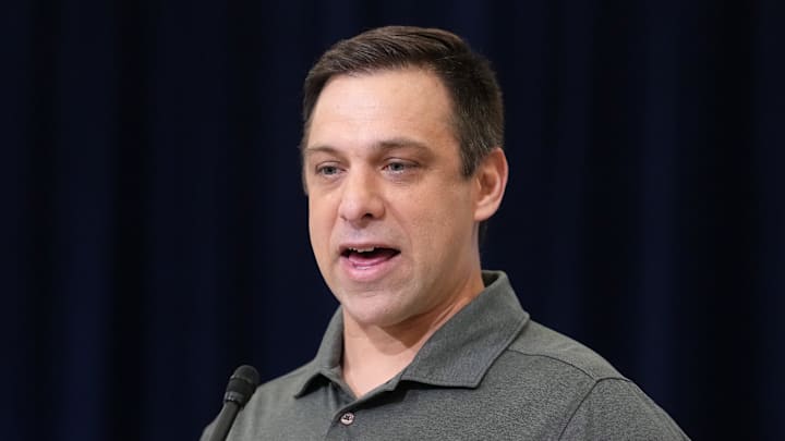 Feb 24, 2026; Indianapolis, IN, USA; Kansas City Chiefs general manager Brett Veach speaks at the NFL Scouting Combine at the Indiana Convention Center. Mandatory Credit: Kirby Lee-Imagn Images