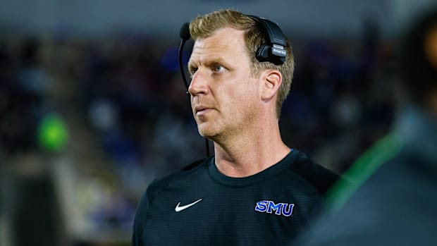 SMU Mustangs head coach Rhett Lashlee looks on during the first half of the game against Duke Blue Devils.