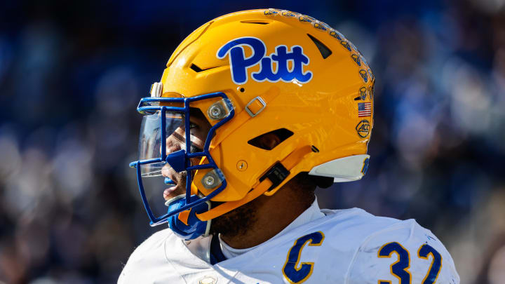 Nov 25, 2023; Durham, North Carolina, USA; Pittsburgh Panthers linebacker Shayne Simon (32) looks on during the first half of the game against Duke Blue Devils at Wallace Wade Stadium. Mandatory Credit: Jaylynn Nash-USA TODAY Sports