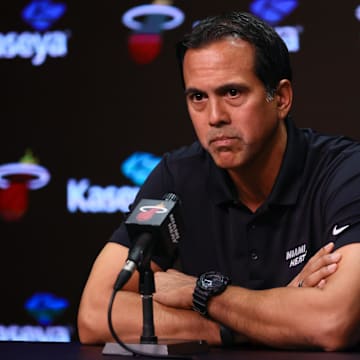 Sep 30, 2024; Miami, FL, USA; Miami Heat head coach Erik Spoelstra talks to reporters during media day at Kaseya Center Mandatory Credit: Sam Navarro-Imagn Images