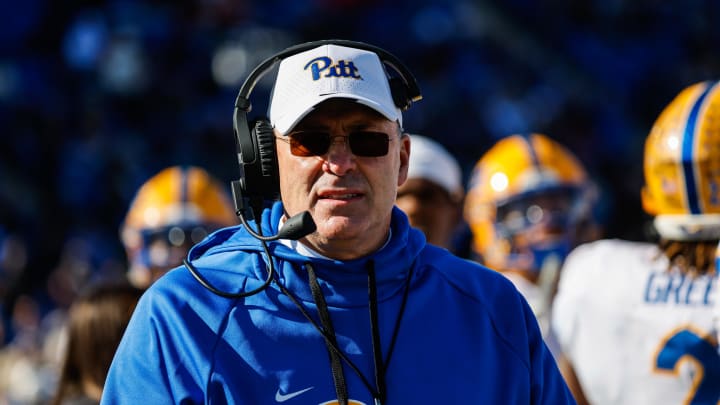 Nov 25, 2023; Durham, North Carolina, USA; Pittsburgh Panthers head coach Pat Narduzzi looks on during the first half of the game against Duke Blue Devils at Wallace Wade Stadium. Mandatory Credit: Jaylynn Nash-USA TODAY Sports