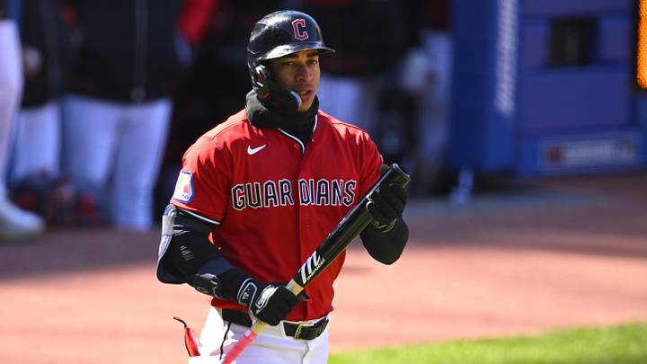 Apr 7, 2026: Cleveland Guardians second baseman Juan Brito (34) walks to the plate in the ninth inning against the Kansas City Royals at Progressive Field. 