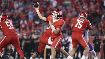 Nov 22, 2025; Houston, Texas, USA; Houston Cougars quarterback Conner Weigman (1) passes the ball during the fourth quarter against the TCU Horned Frogs at TDECU Stadium. 