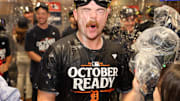 Detroit Tigers catcher Jake Rogers celebrates after defeating the Houston Astros.