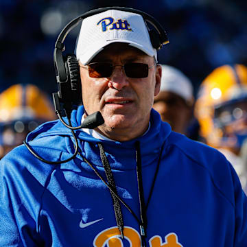 Nov 25, 2023; Durham, North Carolina, USA; Pittsburgh Panthers head coach Pat Narduzzi looks on during the first half of the game against Duke Blue Devils at Wallace Wade Stadium. Mandatory Credit: Jaylynn Nash-Imagn Images