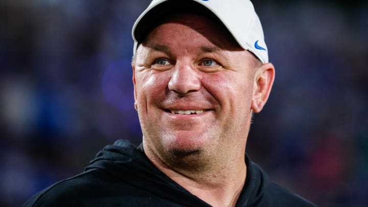 Sep 30, 2023; Durham, North Carolina, USA; Duke Blue Devils head coach Mike Elko smiles just before the game against Notre Dame Fighting Irish at Wallace Wade Stadium. Mandatory Credit: Jaylynn Nash-USA TODAY Sports