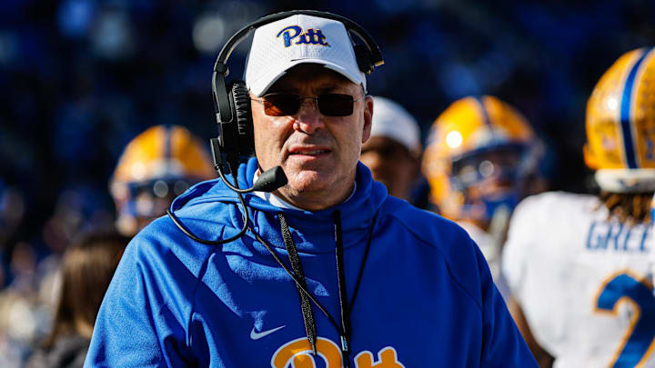 Nov 25, 2023; Durham, North Carolina, USA; Pittsburgh Panthers head coach Pat Narduzzi looks on during the first half of the game against Duke Blue Devils at Wallace Wade Stadium. Mandatory Credit: Jaylynn Nash-Imagn Images