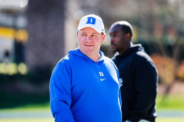 Duke Blue Devils coach Mike Elko looks on before the first half of a game against Pittsburgh at Wallace Wade Stadium.