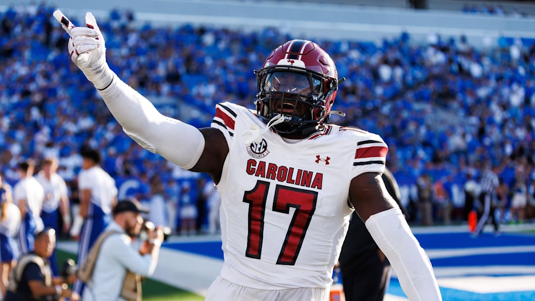 Sep 7, 2024; Lexington, Kentucky, USA; South Carolina Gamecocks linebacker Demetrius Knight Jr. (17) celebrates after a touchdown during the fourth quarter against the Kentucky Wildcats at Kroger Field. Mandatory Credit: Jordan Prather-Imagn Images