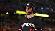 Apr 26, 2024; Anaheim, California, USA;  Minnesota Twins pitcher Bailey Ober (17) talks during the post game interview after defeating the Los Angeles Angels 5-3 at Angel Stadium. Mandatory Credit: Kiyoshi Mio-Imagn Images