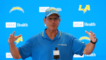 Jul 24, 2024; El Segundo, CA, USA;  Los Angeles Chargers head coach Jim Harbaugh speaks to the media after the first day of training camp at The Bolt. Mandatory Credit: Kiyoshi Mio-USA TODAY Sports