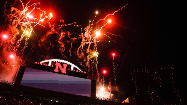 Fireworks and a drone light show following the match between the Nebraska Cornhuskers and the Omaha Mavericks.