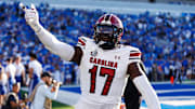 Sep 7, 2024; Lexington, Kentucky, USA; South Carolina Gamecocks linebacker Demetrius Knight Jr. (17) celebrates after a touchdown during the fourth quarter against the Kentucky Wildcats at Kroger Field. Mandatory Credit: Jordan Prather-Imagn Images