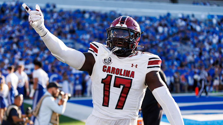 Sep 7, 2024; Lexington, Kentucky, USA; South Carolina Gamecocks linebacker Demetrius Knight Jr. (17) celebrates after a touchdown during the fourth quarter against the Kentucky Wildcats at Kroger Field. Mandatory Credit: Jordan Prather-Imagn Images