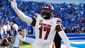 Sep 7, 2024; Lexington, Kentucky, USA; South Carolina Gamecocks linebacker Demetrius Knight Jr. (17) celebrates after a touchdown during the fourth quarter against the Kentucky Wildcats at Kroger Field. Mandatory Credit: Jordan Prather-Imagn Images