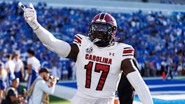 Sep 7, 2024; Lexington, Kentucky, USA; South Carolina Gamecocks linebacker Demetrius Knight Jr. (17) celebrates after a touchdown during the fourth quarter against the Kentucky Wildcats at Kroger Field. Mandatory Credit: Jordan Prather-Imagn Images