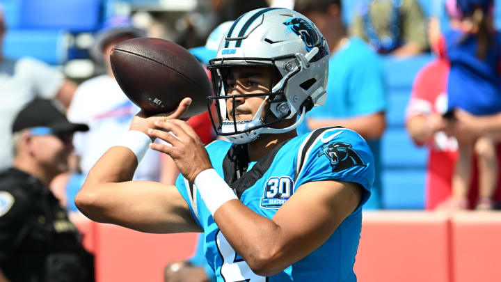 Aug 24, 2024; Orchard Park, New York, USA; Carolina Panthers quarterback Bryce Young (9) warms up before a pre-season game against the Buffalo Billsat Highmark Stadium. 