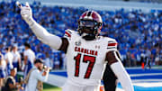 Sep 7, 2024; Lexington, Kentucky, USA; South Carolina Gamecocks linebacker Demetrius Knight Jr. (17) celebrates after a touchdown during the fourth quarter against the Kentucky Wildcats at Kroger Field. Mandatory Credit: Jordan Prather-Imagn Images