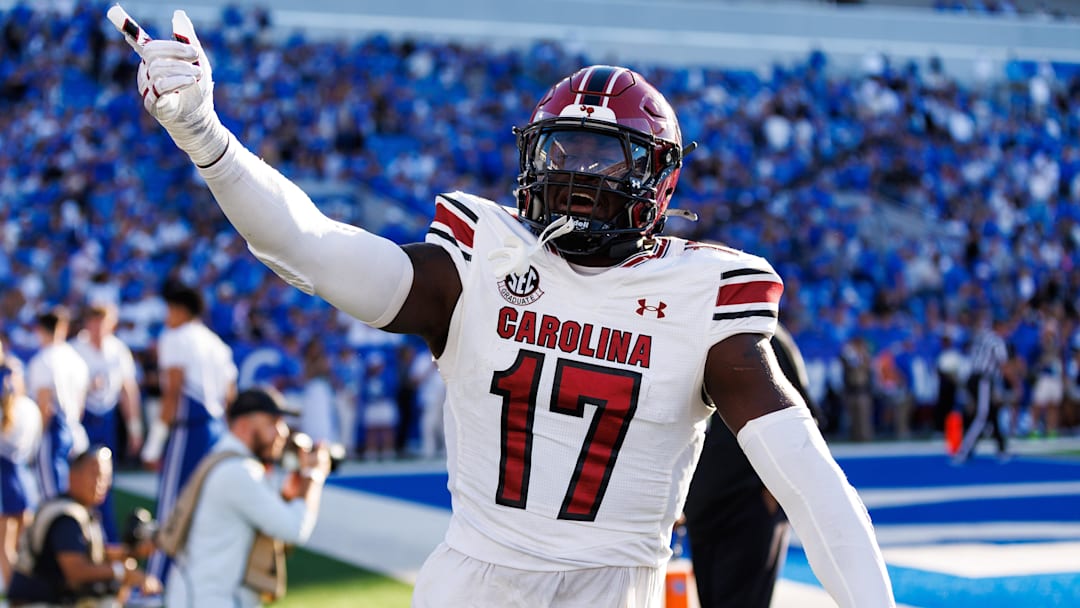 Sep 7, 2024; Lexington, Kentucky, USA; South Carolina Gamecocks linebacker Demetrius Knight Jr. (17) celebrates after a touchdown during the fourth quarter against the Kentucky Wildcats at Kroger Field. Mandatory Credit: Jordan Prather-Imagn Images