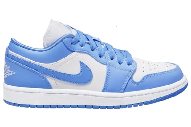 Blue and white Air Jordan sneakers.